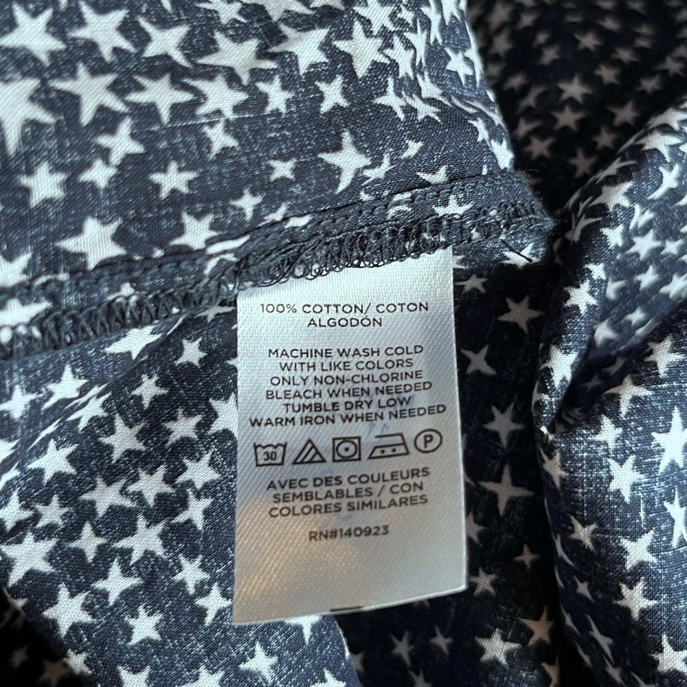 Loft Ruffle Bib Pin Tuck Button Top Ruffle Cap Sleeves Star Pattern Blue XL NWT - Picture 6 of 9